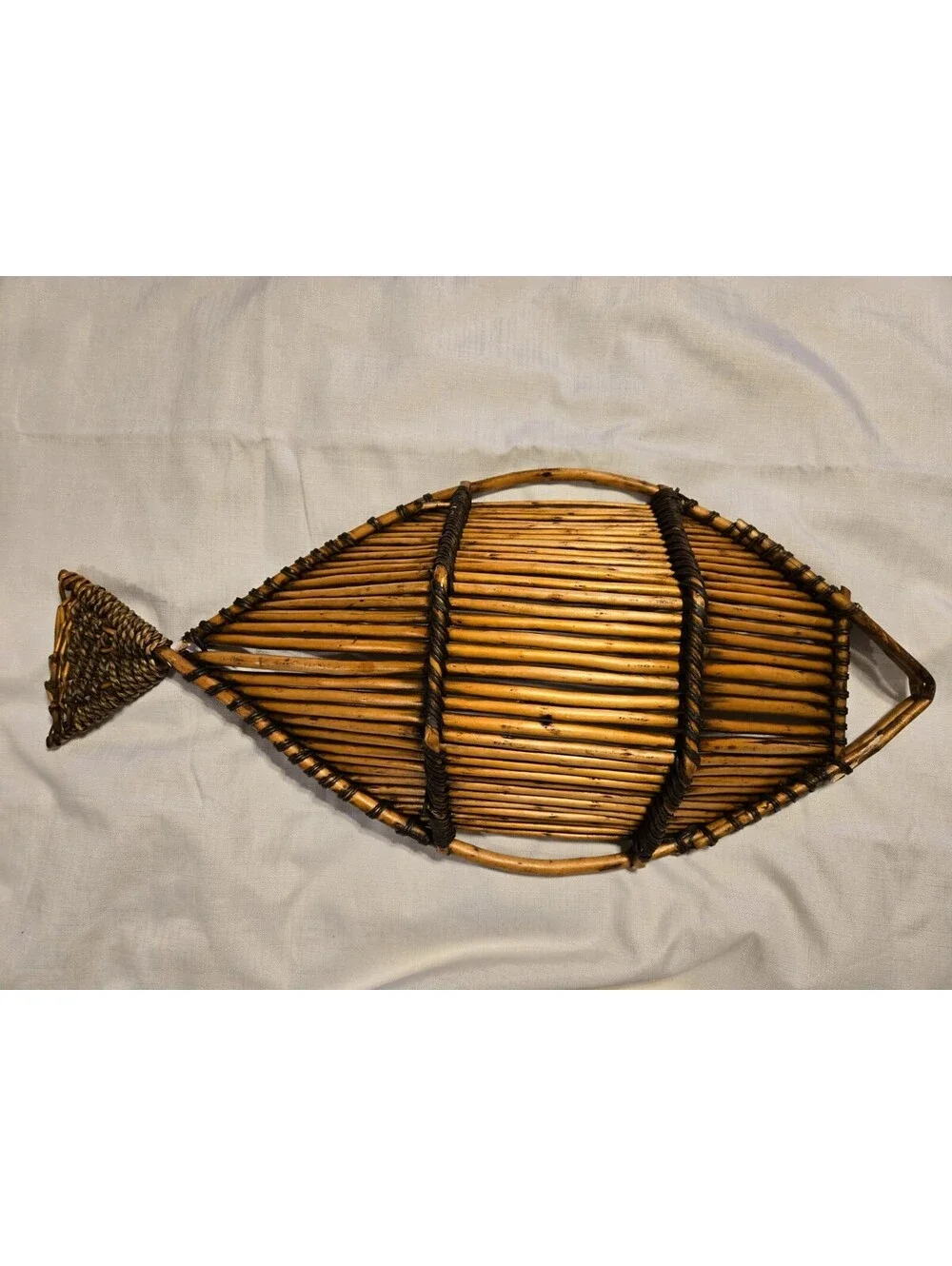 Vintage Large Basket FISH shaped wicker bamboo rattan beach coastal ocean decor